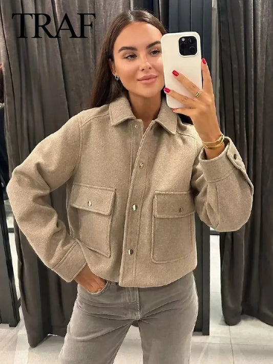 TRAFZA Women Fashion Elegant Khaki Long Sleeve Slim Cropped Coat Female Casual Loose Chic Tops With Buttons Pocket Streetwear