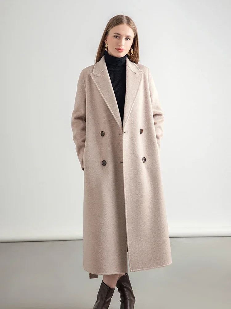 Women 100% Wool Peak Lapel Overcoat Belt Double-Breasted Autumn Winter Long Jacket Trench Coat Ladies Female Clothing #19