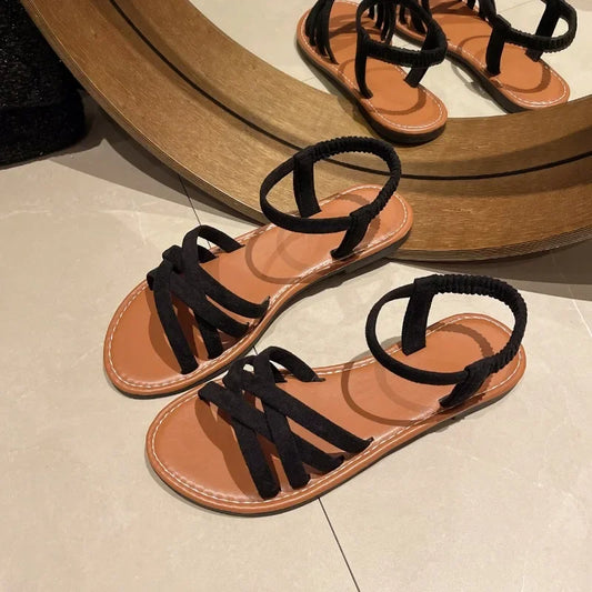 Large Size Leopard Print Sandals for Women 2024 New Roman Fashion Flat Bottomed Anti Slip One Foot Beach Sandals