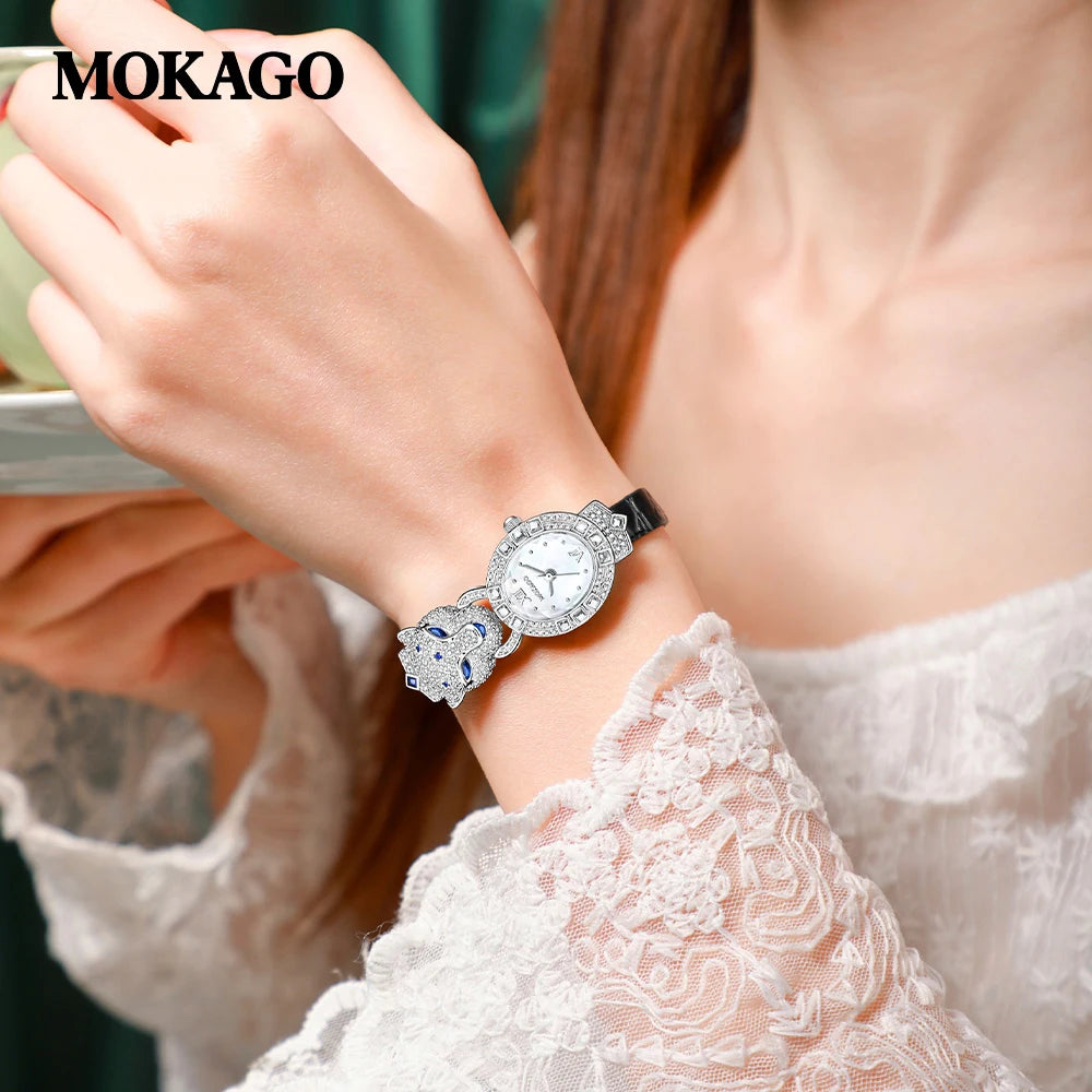 2025 Creative Brand Fashion Quartz Watch for Women Leopard Studded Diamonds Luxury Ladies Wrist Watch Leather Belt Jewelry Watch
