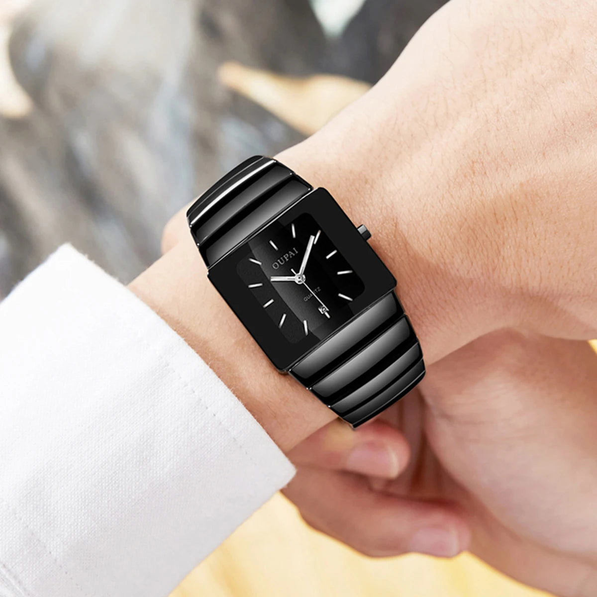 Oupai rectangular black ceramic quartz watch tonneau type watch luminous business simple luxury watch men