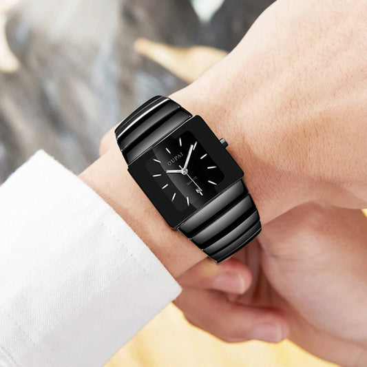 Oupai rectangular black ceramic quartz watch tonneau type watch luminous business simple luxury watch men