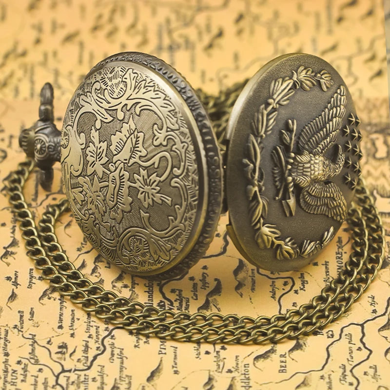 Vintage Bronze Steampunk Star Eagle Carved Quartz Pocket Watch Necklace Pendant Clock Chain Men Women Chain Gift