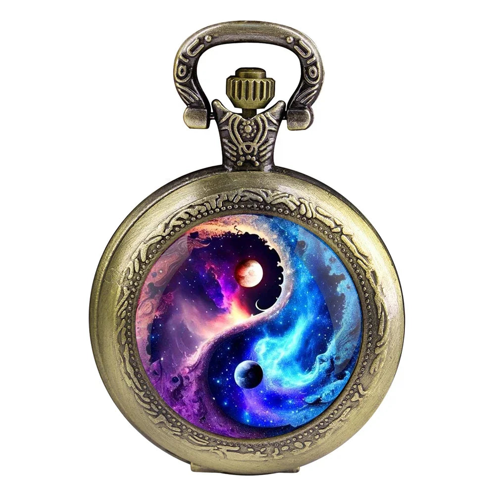 Creative Yin-Yang Planet Dome Quartz Pocket Watch Arabic Numeral Dial Vintage Men Women Necklace Pendant Creative Clock Gifts