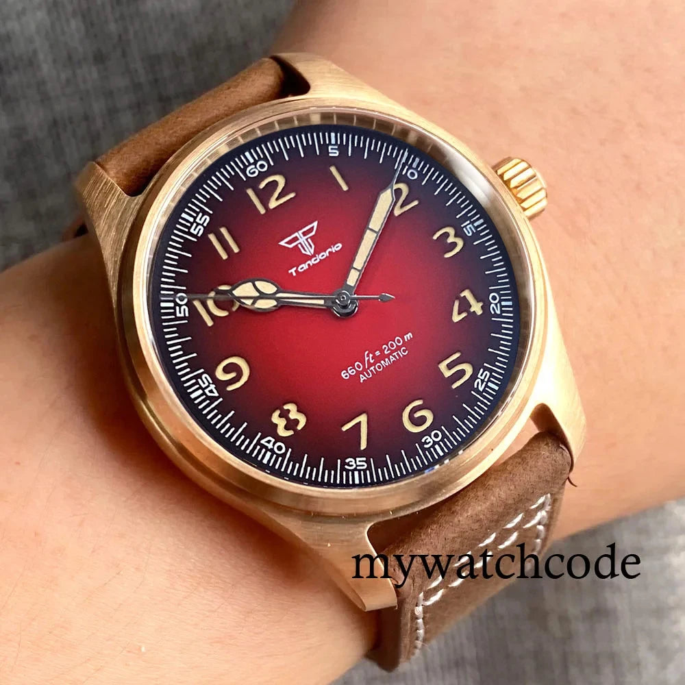 Tandorio Dive Khaki Field Series Pilot Mechanical Watches for Men 200M Waterproof Polish Bezel NH35AA Movt Beige Snake Hand
