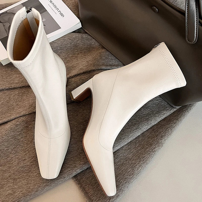 JOZHAMTA Size 33-40 Women Ankle Stretch Boots Soft Leather Chunky High Heels Shoes Winter Elastic Short Booties Casual Office