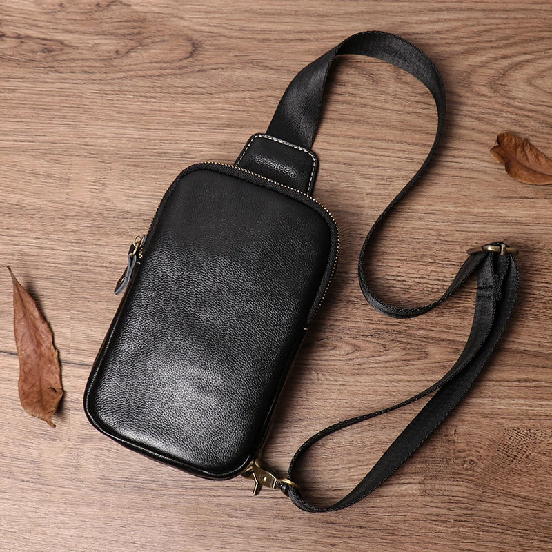 LUOKIR Men's Genuine Leather Chest Bag Cowhide Crossbody Simple Outdoor Small Backpack Casual Fashion Shoulder Sling Bags