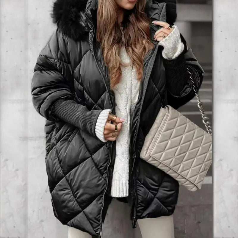Women’s Hooded Casual Parka Padded Coat Winter Warm Cardigan Jacket With Knit Sleeves Patchwork