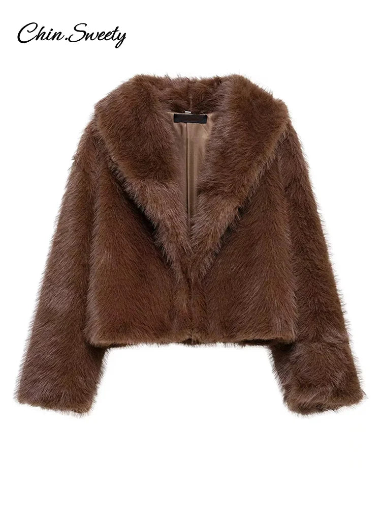 Brown Lapel Faux Fur Short Coat Women Fluffy Long Sleeve Warm Thick Loose Jacket 2025 Autumn Winter Lady High Street Outwear ﻿