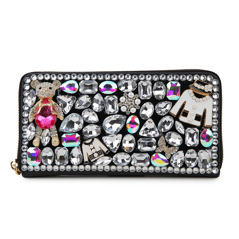 Luxury Diamond Women Long Purse Card Holder Coinetter Color Crystal Red Lip Pearl Wallet Pu Leather Zipper Around Wallet  Female
