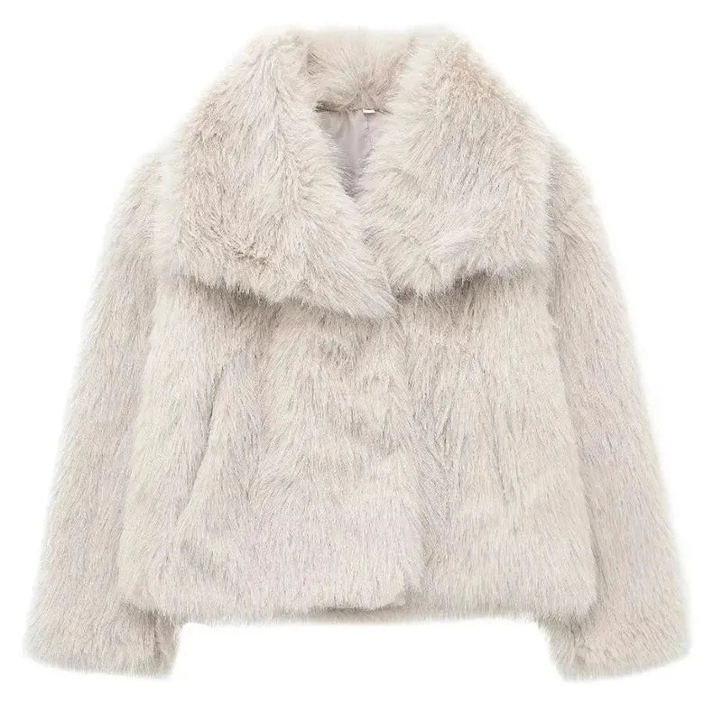 TRAFZA Women Faux Fur Jacket Coat Casual Loose Long Sleeve Lapel Warm Coats Female Winter Fashion Lady Chic Streetwear Jakcets