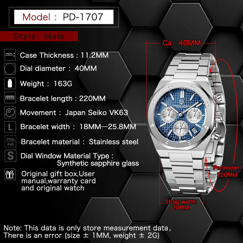 PAGANI DESIGN PD1707 Men's Quartz Wristwatch Business Casual Luxury Watches Sapphire Waterproof Stainless Steel Watch for men