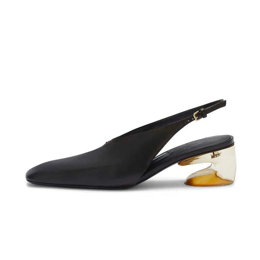 Arden Furtado 2024 Summer Square toe Strange Style Shallow Belt buckle Back Strap Middle heel Closed toe Sandals large size