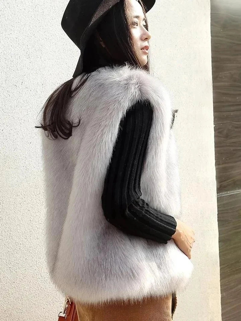 Women Fur Vest 2022 New Autumn Female Waistcoat Faux Fox Fur Coat Warm White Black Gray Jacket Large Size 3XL Sleeveless Coat