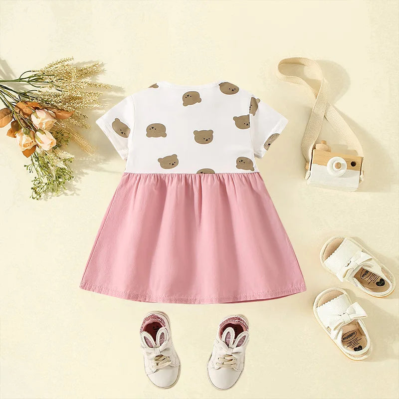 Girls' Clothes Summer New Short Sleeved Cartoon Teddy Bear Dress For Baby Girls Children's Spliced Fake Two-Piece Dress