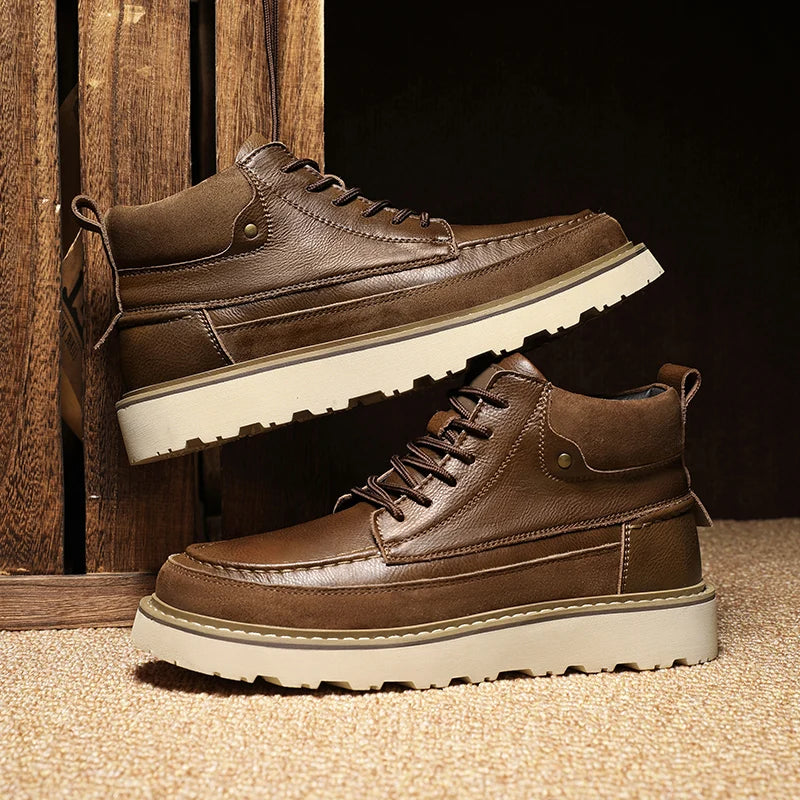 Italian Men Genuine Leather Motorcycle Boots Classic Vintage Casual Leather Flat Designer Shoes Outdoor Ankle Boot Walking Shoes