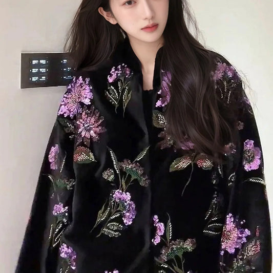 Chinese Embroidery Jacket Women Beautiful Loose Sequins Temperament Jacquard Jacquard Flower Cotton-padded Coat Spring Autumn