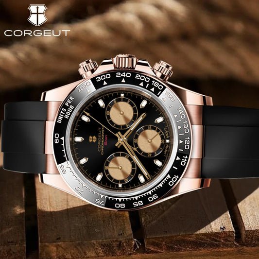 CORGEUT VK63 High Luxury Quartz Movement Silica Gel Sports Men's Watches Sapphire Flat Mirror Watch for Man Run Seconds