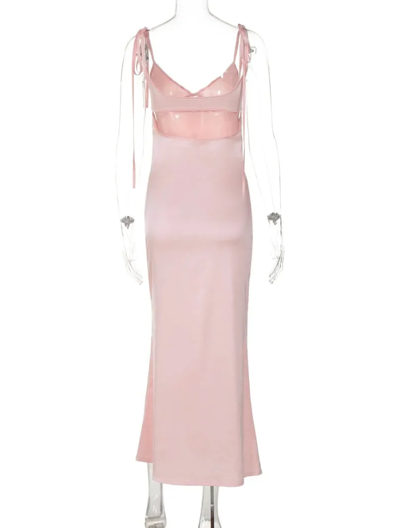 Woman Clothes V-neck Lace-up Backless Pink Holiday Dress Elegant Bandage Hollow Out Solid Long Party Evening Dresses Streetwear
