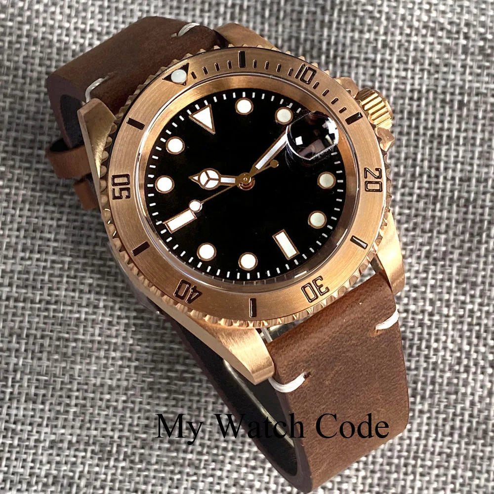 Tandorio Real Bronze Diver Mechanical Watch Men Sunburst Green Wristwatch NH35AA Movt Leather band Vintage Waterproof Lume Clock
