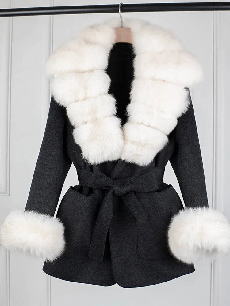 Lagabogy 2025 Large Natural Fox Fur Collar Cuffs Winter Cashmere Wool Blends Women Slim Fit Suit Double Sided Woolen Trench Coat