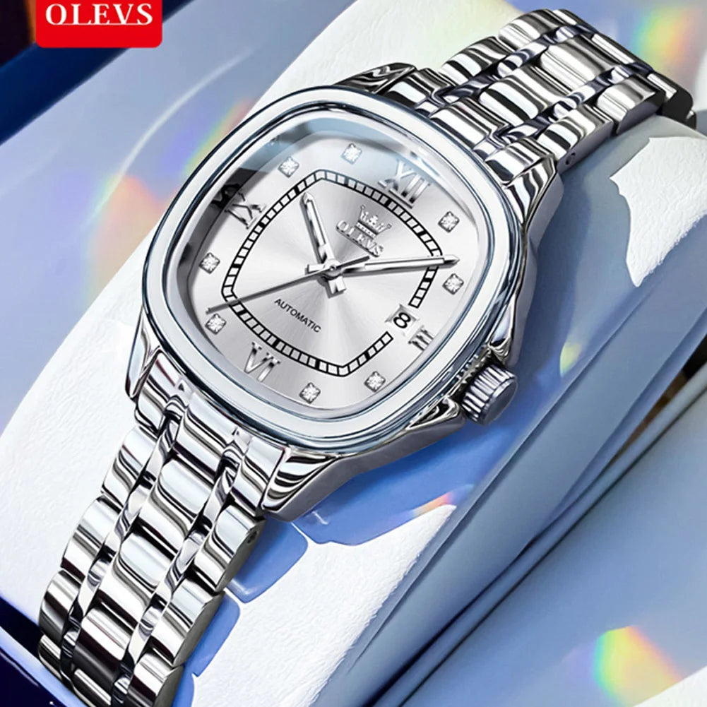 OLEVS 9810 Women Watch Automatic Mechanical Watch Simple Roman Scale Square Diamond Women Watch Waterproof Calendar Dress Watch