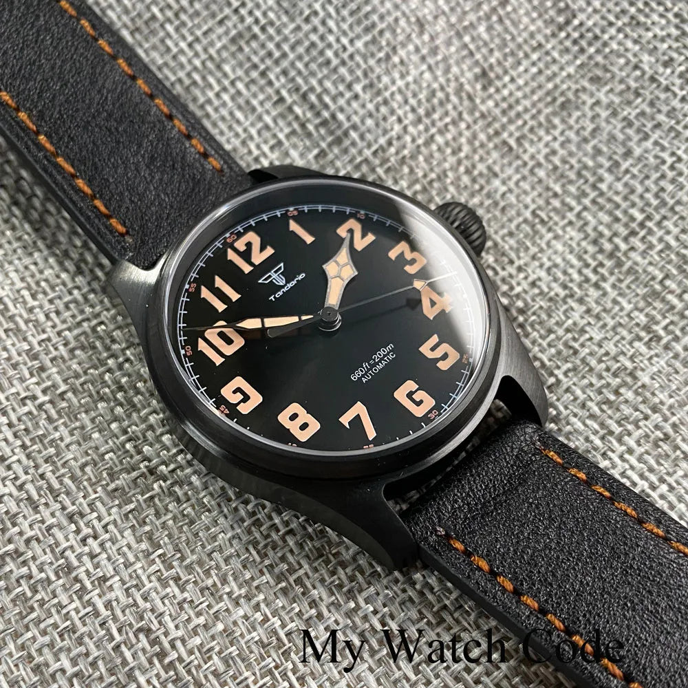 Waterproof Vintage Pilot Watch Tandorio Black NH35 Mechanical Clock Men Arabic Numerals 39mm Sport Clock Reloj Hombre Big Crown
