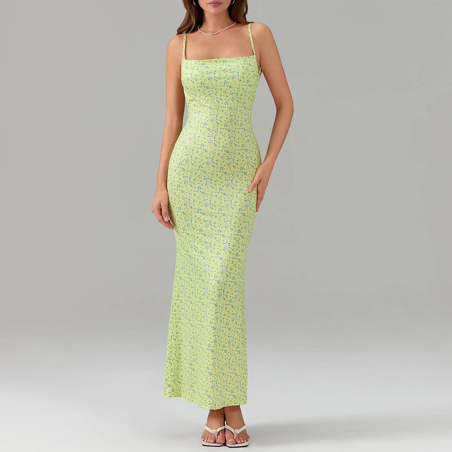 Women Chic Tube Backless Dress Spaghetti Strap Satin Elegant Maxi Bodycon Long Dress Y2K Floral Printed Sundress Streetwear