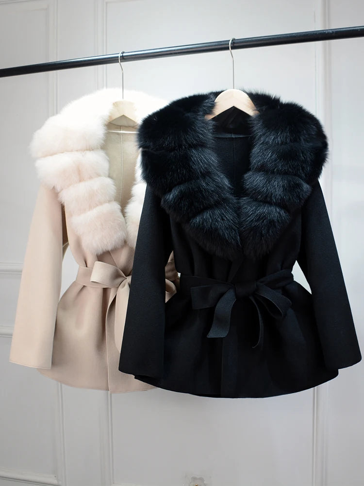 Janveny Wool Coat Women 2025 New Winter Autumn Cashmere Coats Luxury Real Fox Fur Collar Ladies Elegant Belt Design Outwear