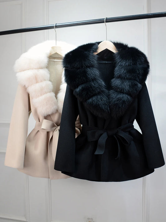 Janveny Wool Coat Women 2025 New Winter Autumn Cashmere Coats Luxury Real Fox Fur Collar Ladies Elegant Belt Design Outwear