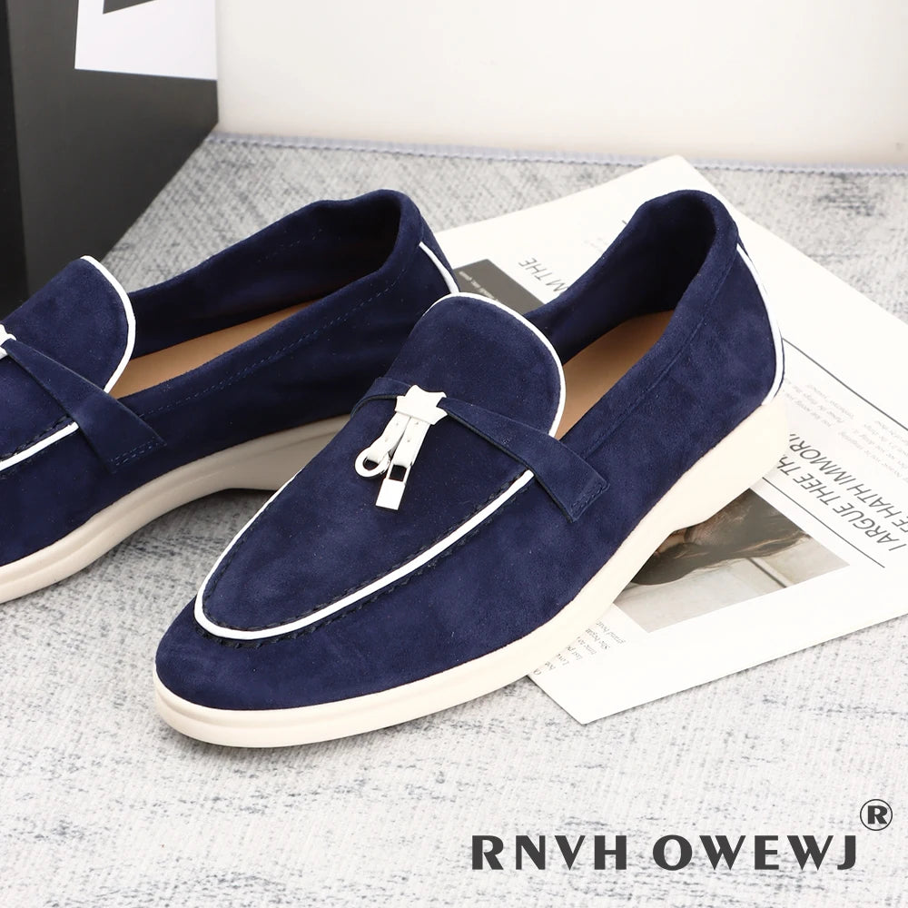 2025 Men's Flat Loafer Summer Top Quality Suede Leather Tassel Metal Buckle Pink Slipper Mules Comfortable Slip on Shoes