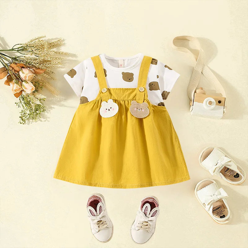 Girls' Clothes Summer New Short Sleeved Cartoon Teddy Bear Dress For Baby Girls Children's Spliced Fake Two-Piece Dress