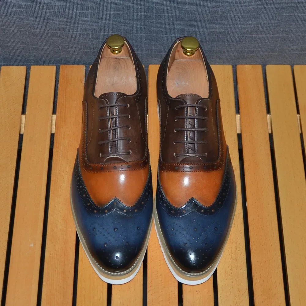 Man Sneaker Genuine Leather Casual Dress Shoes Three Colors Stitching Wingtip Brock Oxfords Elegant Fashionable Men's Footwear