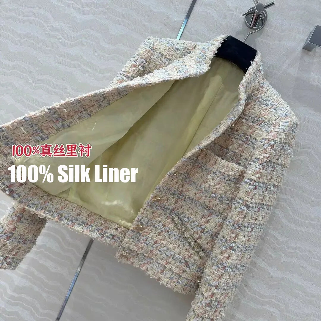 Top Quality 100% Silk Liner Plaid Woven Tweed Coat Women Stand Collar Long Sleeve Single Breasted Pockets Sweet Vintage Jacket