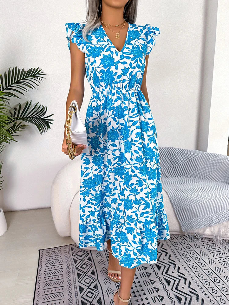 Summer Floral Midi Dresses For Women Casual Sleeveless Ruffle Holiday Beach Dress Fashion White V Neck New In Dresses 2023