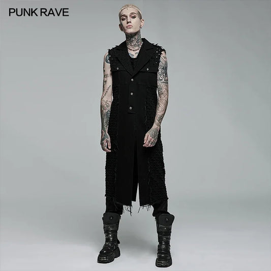 PUNK RAVE Men's Punk Old Medium Length Sleeveless Vest Non-elastic Woven Fashion Casual Handsome Men Jacket  Four Seasons