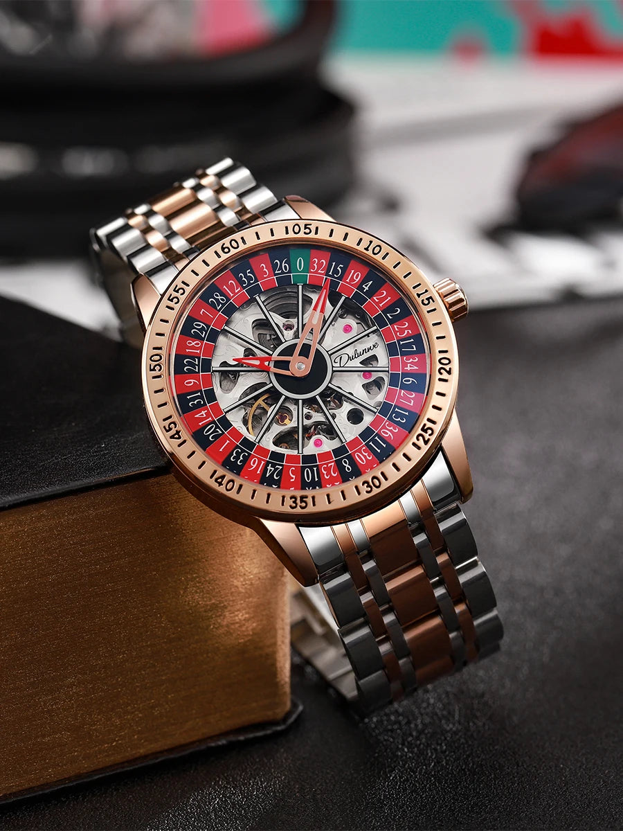DULUNWE Men's Automatic Watch Luxury Rotating Roulette Mechanical Skeleton 30M Waterproof