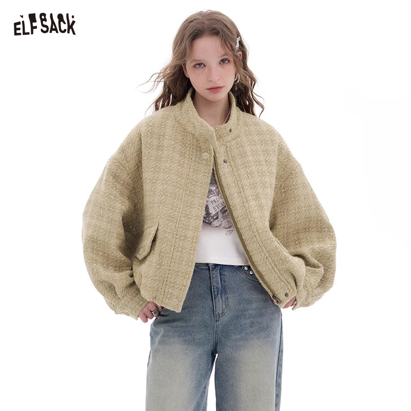 ELFSACK 2025 Spring New Arrivals Fashion Korean Outerwear Woman Stand Collar Cropped Jacket Female