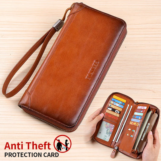 Men's leather wallet long new soft cowhide handbag travel light luxury simple large capacity anti-theft brush gradient color yel
