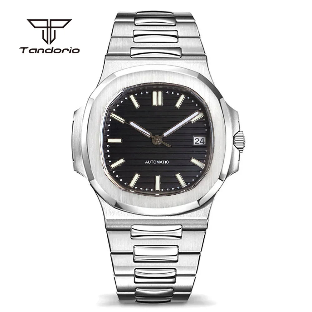 Tandorio Square 40mm Men's Stainless Steel NH35 Automatic Watch Multicolor Dial Sapphire Date Brushed Mechanical Wristwatch Lume