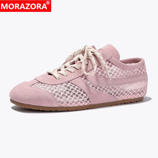 MORAZORA INS Fashion Suede Leather Women Sneakers Lace Up Mesh Breathable Cut Outs Flat Shoes Summer Casual Shoes Female