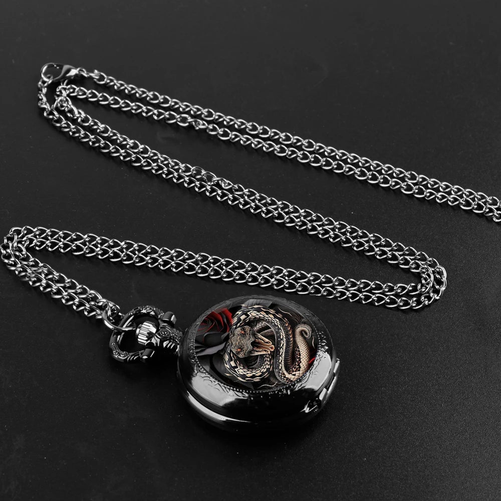 Furious Snake Inspired Design Black Quartz Pocket Watch with Durable Chain Arabic Numeral Time Display for Men and Women Gifts