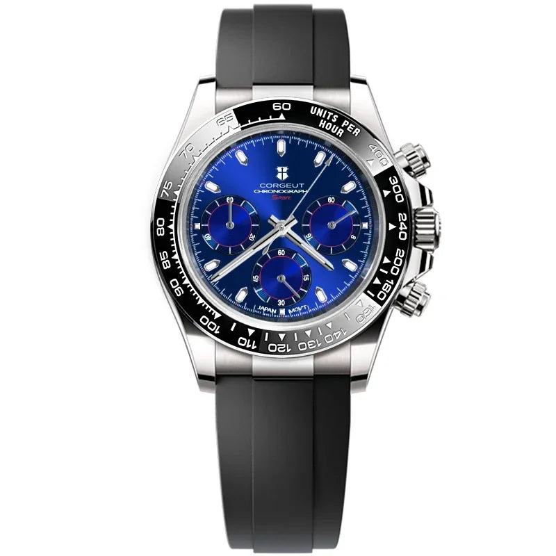 CORGEUT VK63 High Luxury Quartz Movement Silica Gel Sports Men's Watches Sapphire Flat Mirror Watch for Man Run Seconds