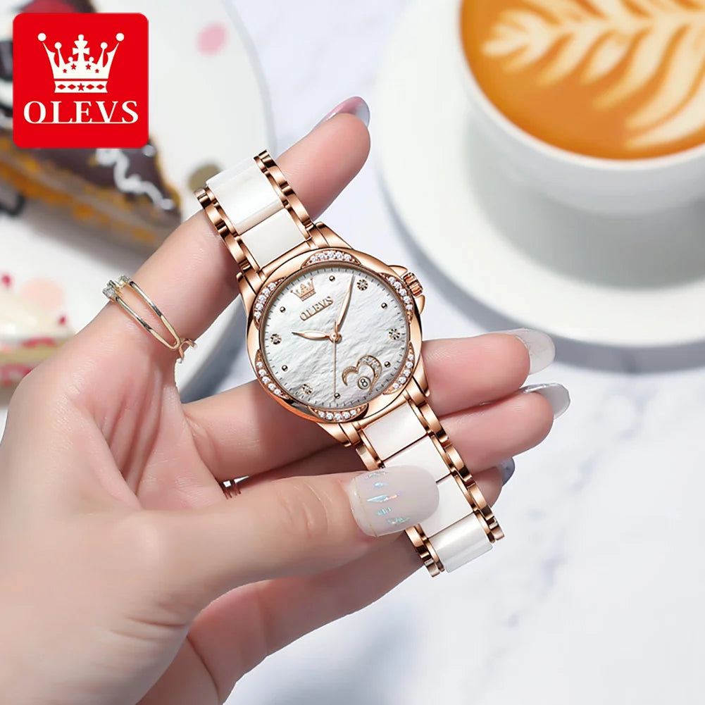 OLEVS 6631 Top Original Automatic Watch for Women Fashion Heart Design Diamond Bezel Ceramics Strap Ladies Mechanical Wristwatch