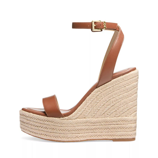 Arden Furtado Summer straw weaving wedge Sandals Round toe platform Belt buckle Super high heel cowhide word-cingulate Sandals
