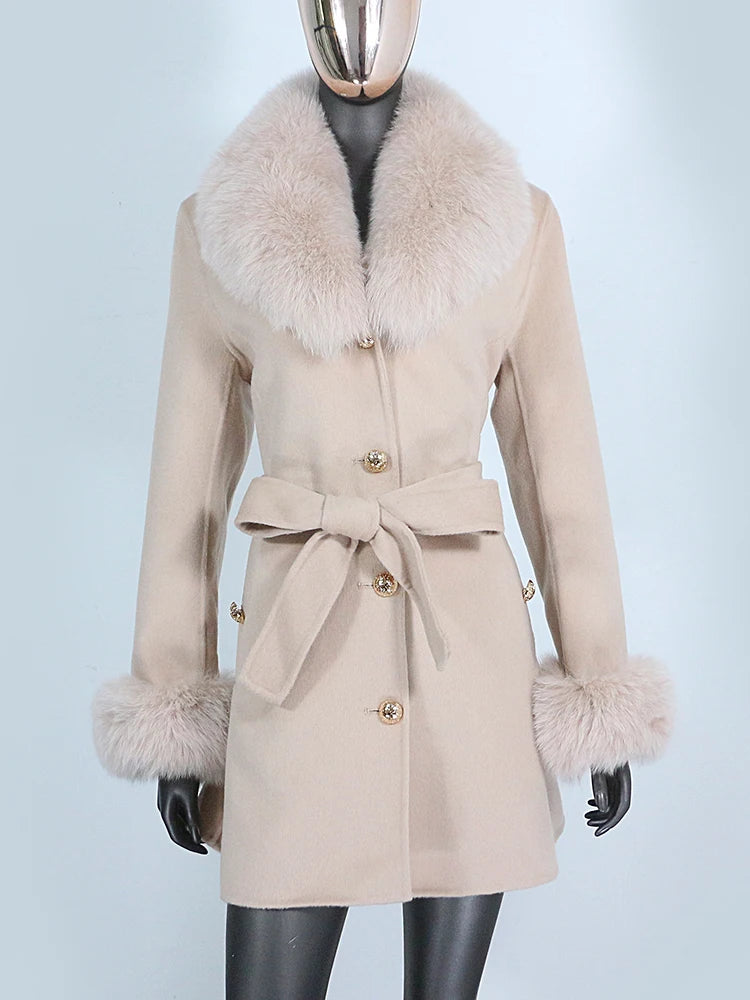 2022 Winter Jacket Women Real Fur Coat Natural Fox Fur Collar Cuffs Belt Cashmere Wool Woolen Warm Outerwear Fashion Streetwear