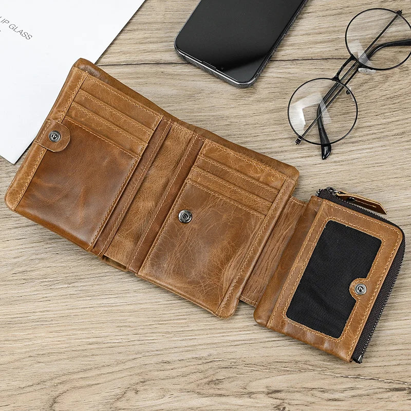 Leather Men‘s Short Wallet Hasp Genuine Leather Unisex Zipper Coin Clutch Purse Cowhide Card Holder Trifold Man wallets