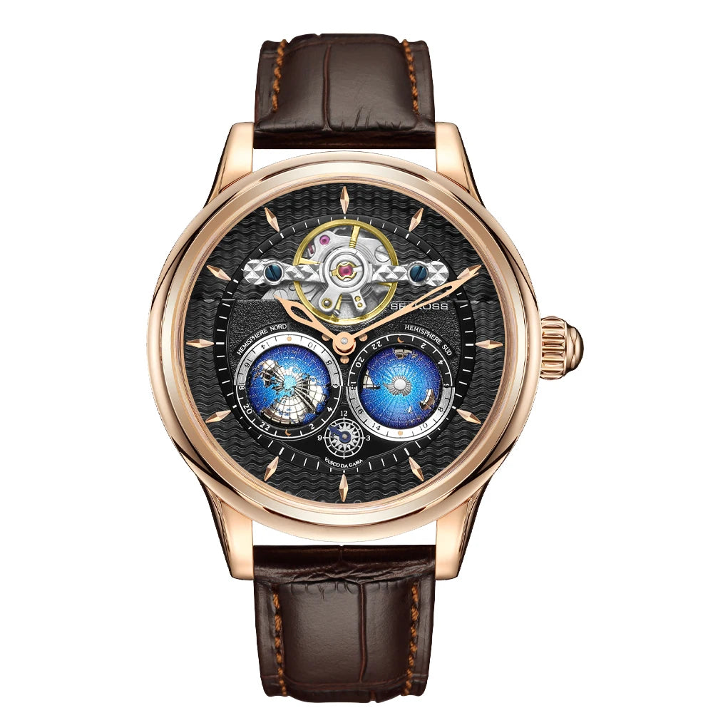 SEAKOSS 3D Double Earth Rotating Automatic Movement Mechanical Watch for Men 1963 Flywheel Wristwatches 5Bar Waterproof Clock