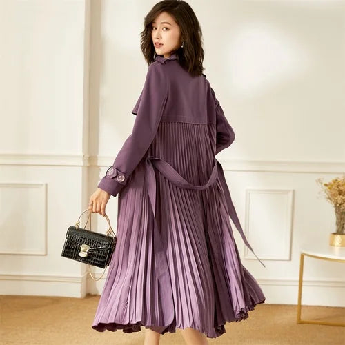 Ladies New 2023 Spring High-End Commuter Blue Trench Coat for Women Fashion Stitching Pleated Hem Loose Elegant Long Trench