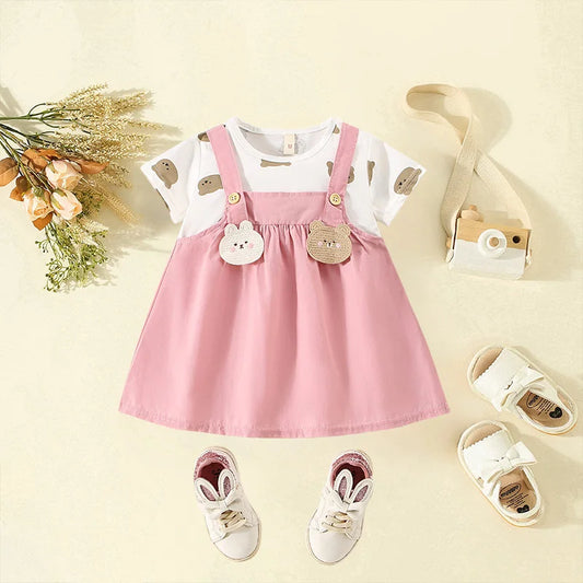 Girls' Clothes Summer New Short Sleeved Cartoon Teddy Bear Dress For Baby Girls Children's Spliced Fake Two-Piece Dress